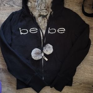 BEBE Black Bling Zip Up Fur Hoodie